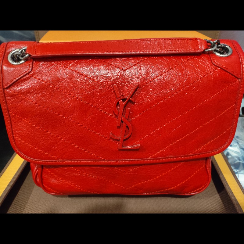 好挖寶｜Saint Laurent YSL Niki Baby 紅色復古皺褶鏈條包 斜背包 肩背包-0