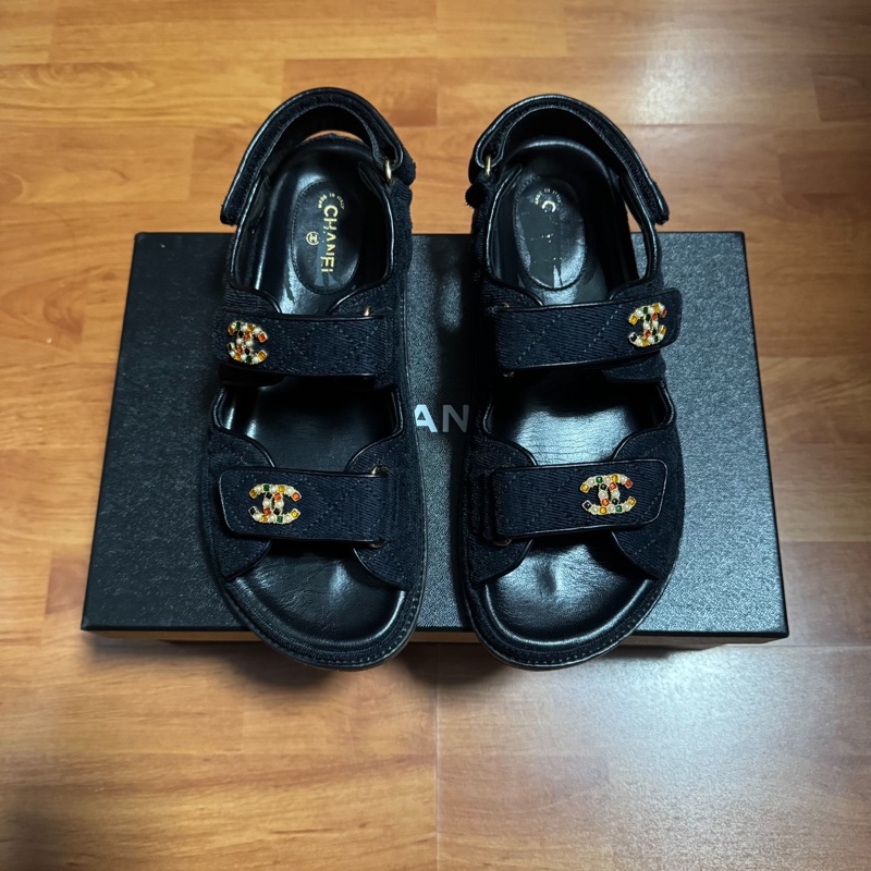 Chanel香奈兒徽標水鑽 珍珠綴飾 沙灘涼鞋 女款 黑色 38碼-1