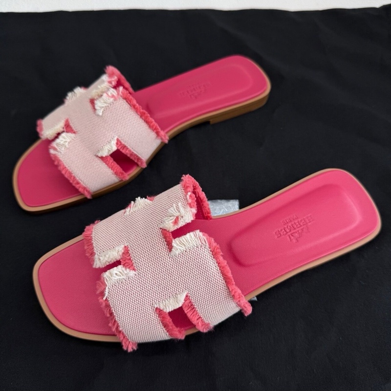 HERMES愛馬仕 Oran 帆布 一字拖鞋 流蘇粉色拖鞋 36碼-0