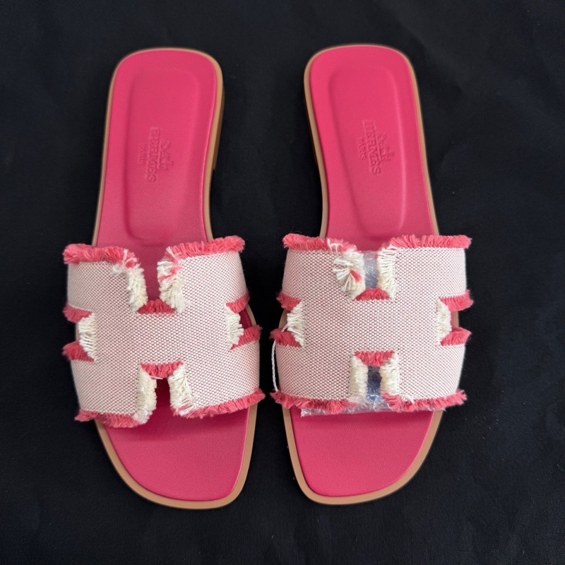 HERMES愛馬仕 Oran 帆布 一字拖鞋 流蘇粉色拖鞋 36碼-1