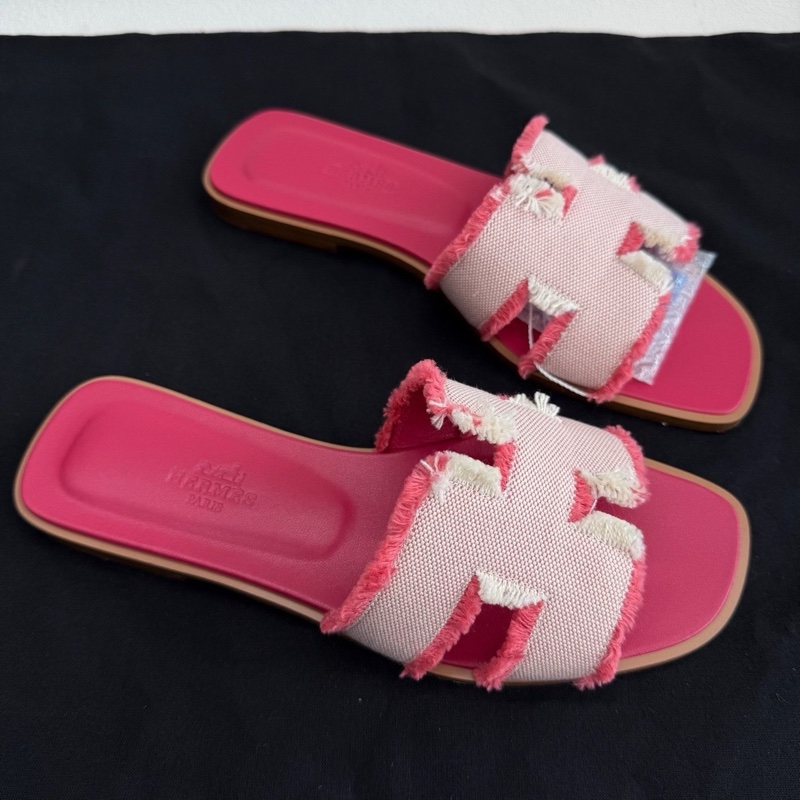 HERMES愛馬仕 Oran 帆布 一字拖鞋 流蘇粉色拖鞋 36碼-2