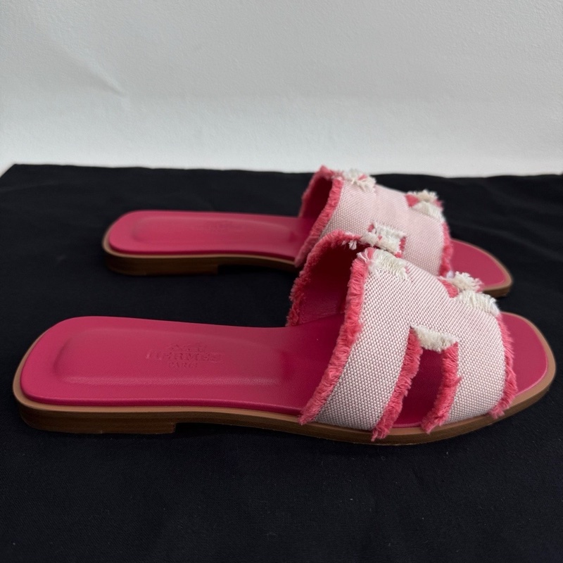 HERMES愛馬仕 Oran 帆布 一字拖鞋 流蘇粉色拖鞋 36碼-3