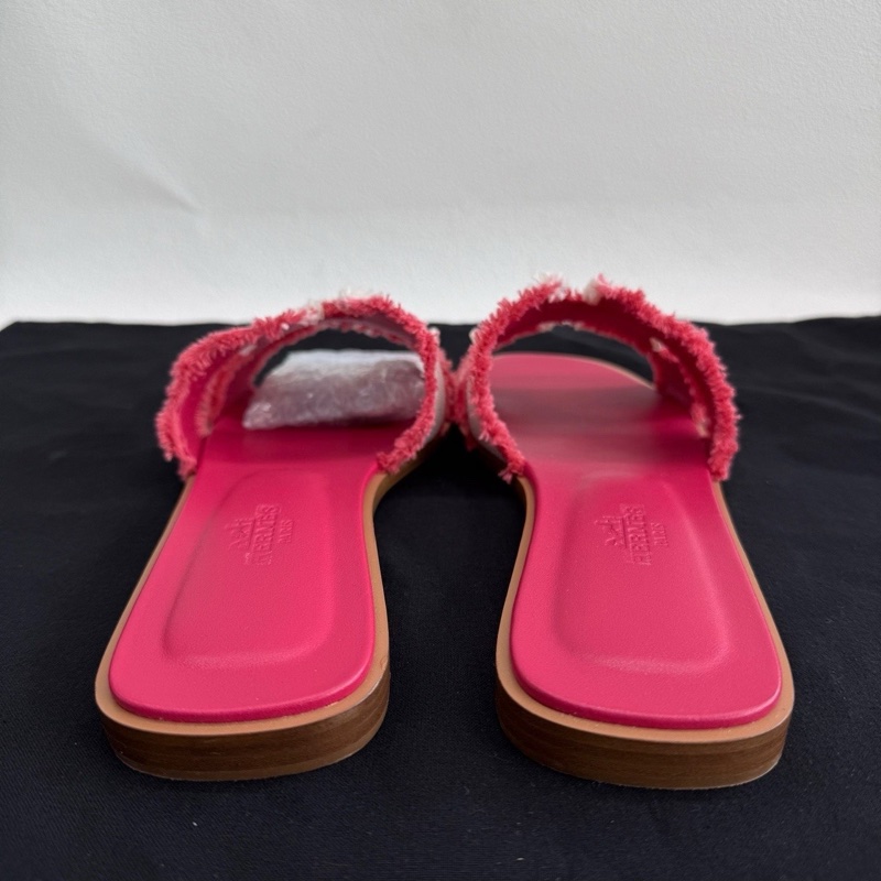 HERMES愛馬仕 Oran 帆布 一字拖鞋 流蘇粉色拖鞋 36碼-4