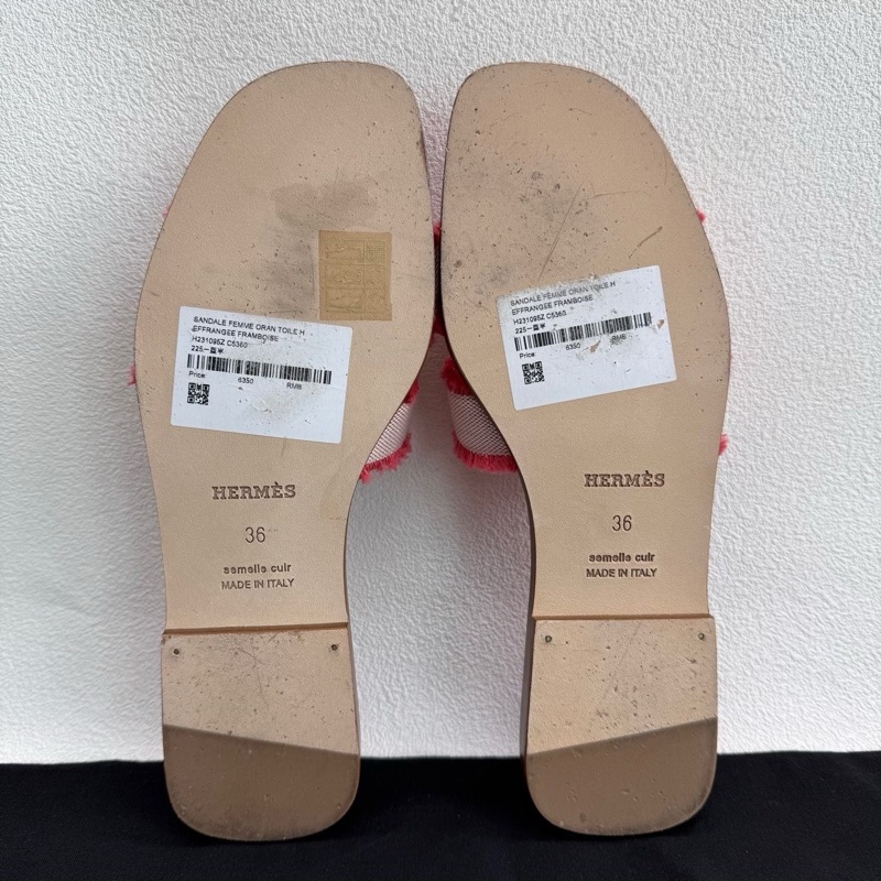 HERMES愛馬仕 Oran 帆布 一字拖鞋 流蘇粉色拖鞋 36碼-6