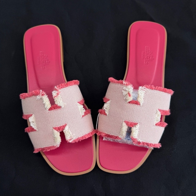 HERMES愛馬仕 Oran 帆布 一字拖鞋 流蘇粉色拖鞋 36碼-8