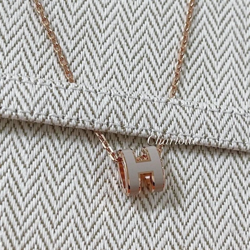 Herme's mini pop H 奶茶玫瑰金項鍊-6