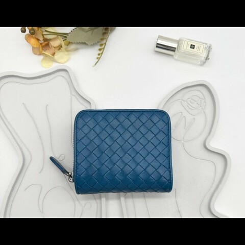 BOTTEGA VENETA BV 編織小羊皮對開拉鍊藍色短夾