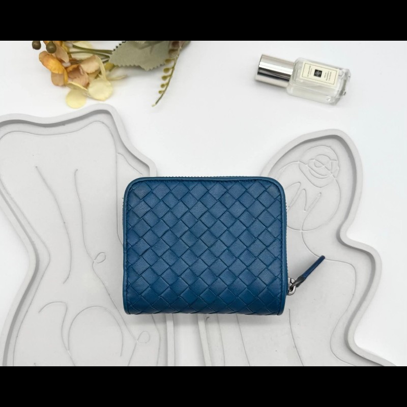 BOTTEGA VENETA BV 編織小羊皮對開拉鍊藍色短夾-1