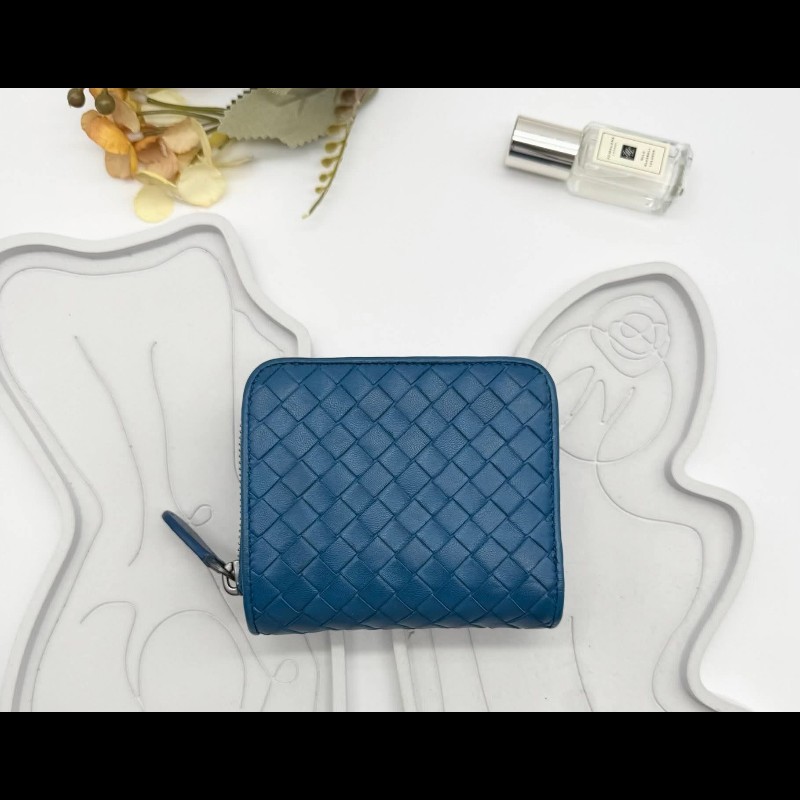BOTTEGA VENETA BV 編織小羊皮對開拉鍊藍色短夾-5