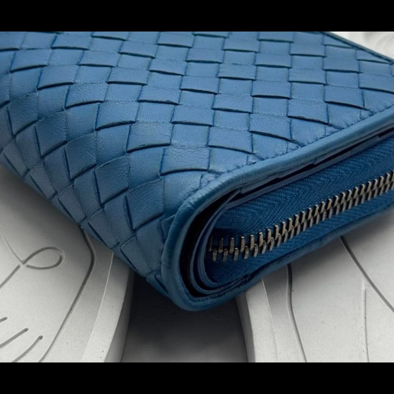 BOTTEGA VENETA BV 編織小羊皮對開拉鍊藍色短夾-13
