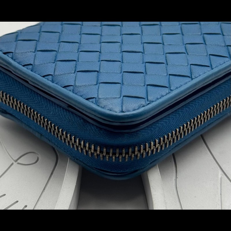 BOTTEGA VENETA BV 編織小羊皮對開拉鍊藍色短夾-14