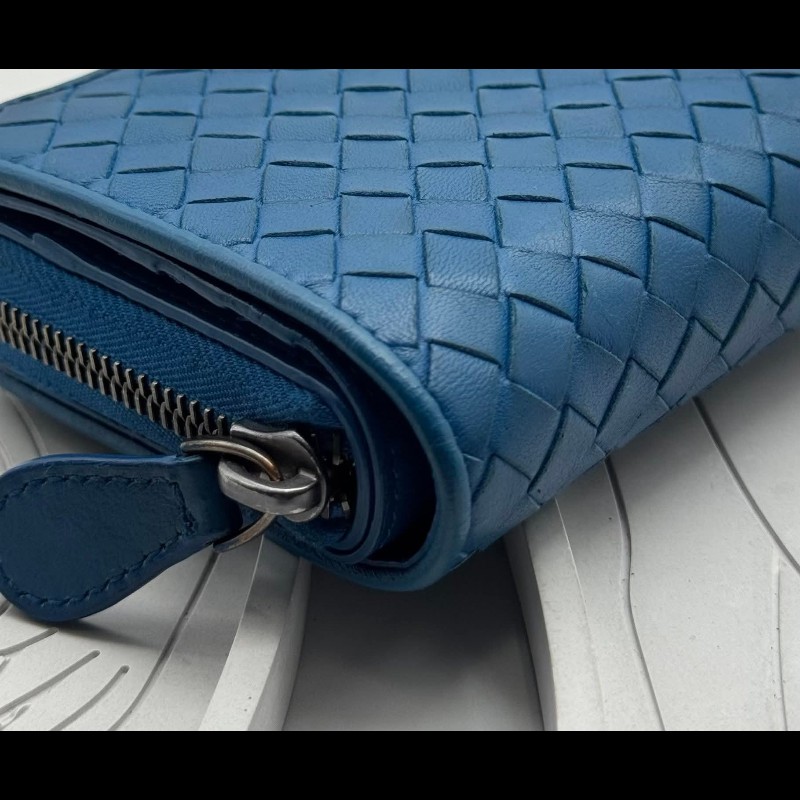 BOTTEGA VENETA BV 編織小羊皮對開拉鍊藍色短夾-15