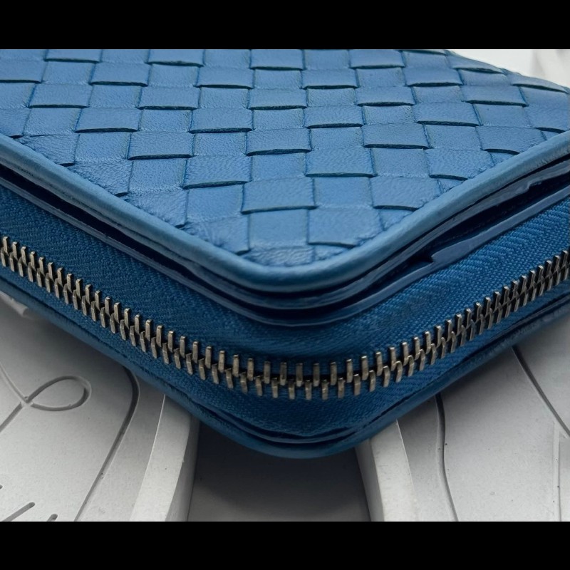 BOTTEGA VENETA BV 編織小羊皮對開拉鍊藍色短夾-16