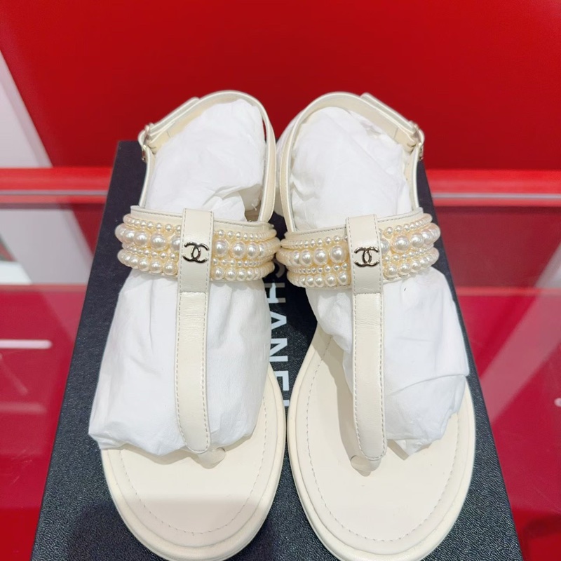 全新 閒置Chanel香奈兒珍珠鏈條夾腳 平底涼鞋 35.5碼 S印 有盒-0