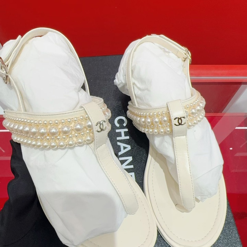 全新 閒置Chanel香奈兒珍珠鏈條夾腳 平底涼鞋 35.5碼 S印 有盒-2