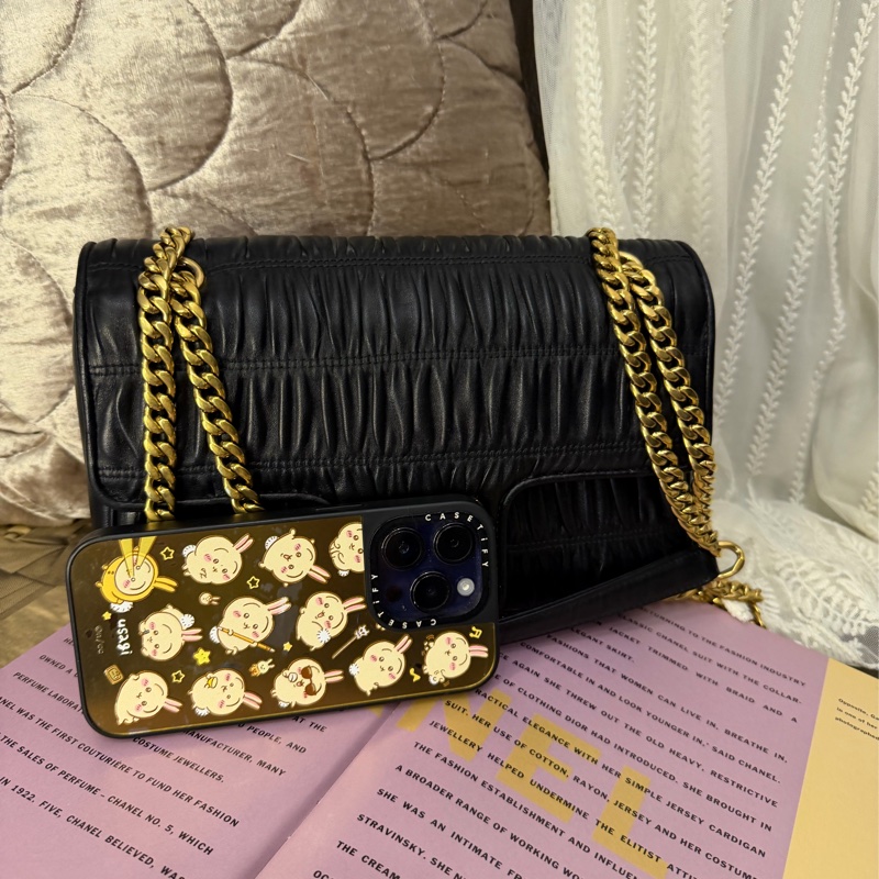 普拉達 黑色皮革 托特包 手提包 腋下包 側背包 斜挎包 斜背包 皮革  褶皺鏈條包 Prada Matelassé  chain bag-13