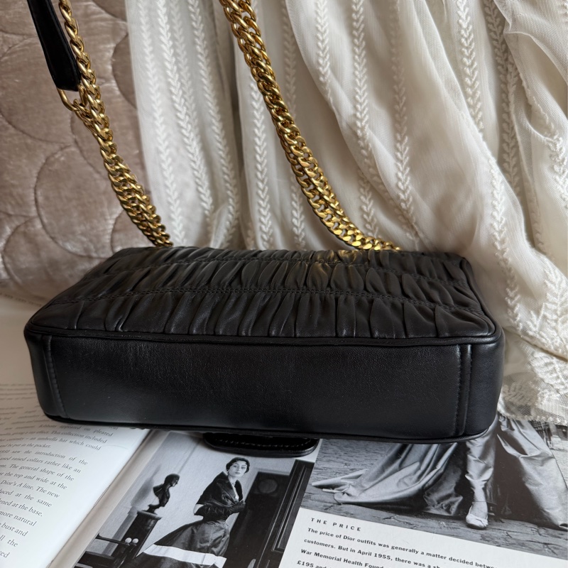 普拉達 黑色皮革 托特包 手提包 腋下包 側背包 斜挎包 斜背包 皮革  褶皺鏈條包 Prada Matelassé  chain bag-22