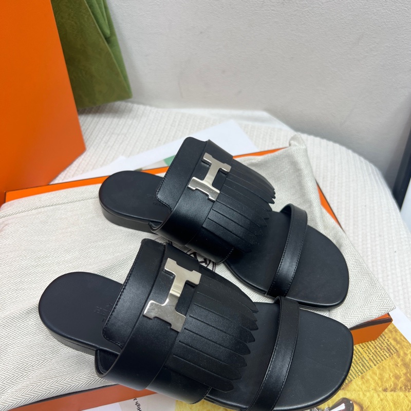 Hermes • 黑銀流蘇H釦拖鞋 全配有盒✔️-6