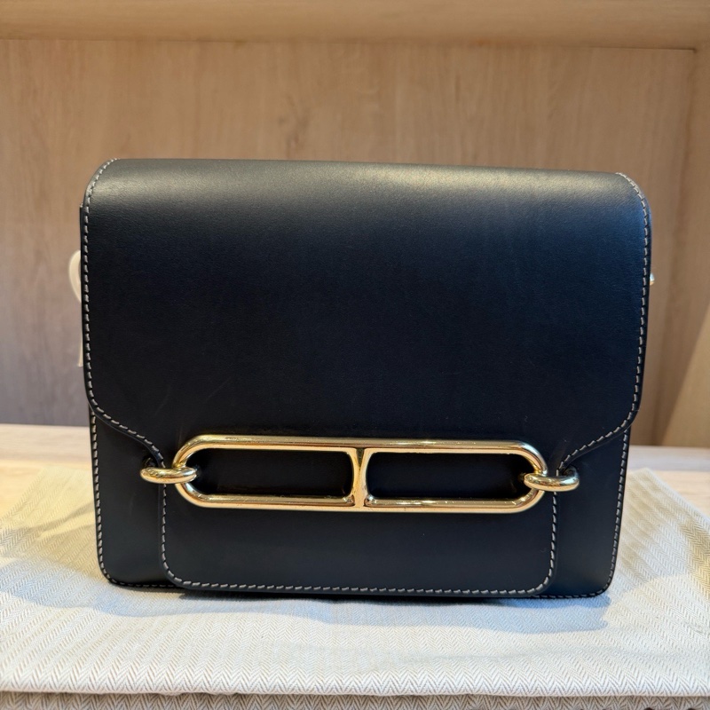 甜售HERMES愛馬仕ROULIS 23 豬鼻子方形斜背包 黑灰+淡金釦 x刻-0