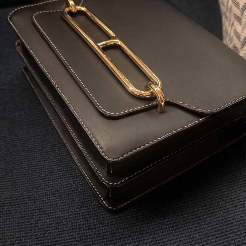 甜售HERMES愛馬仕ROULIS 23 豬鼻子方形斜背包 黑灰+淡金釦 x刻-16