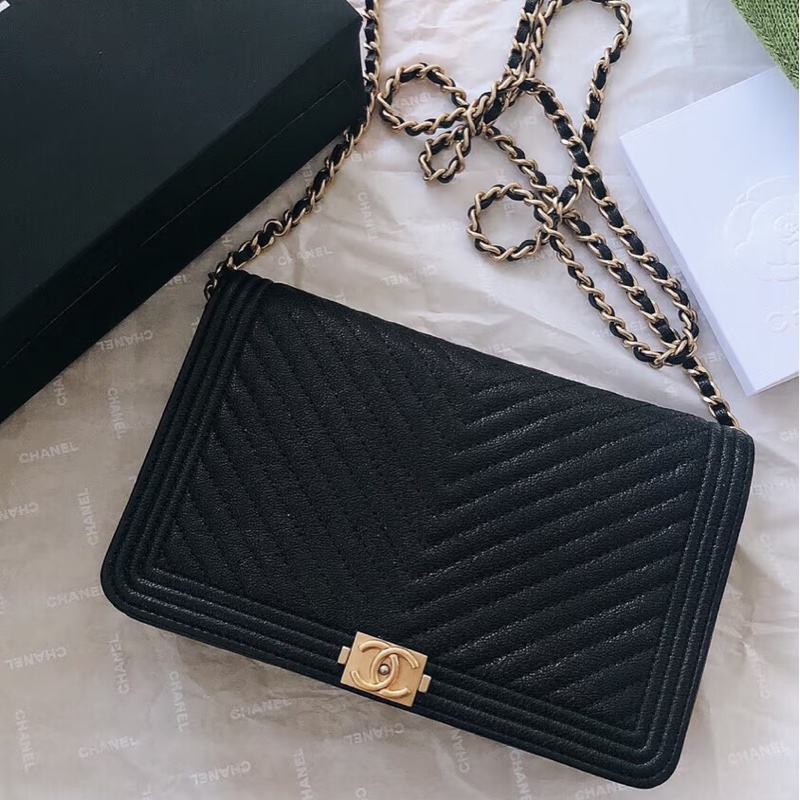 全新全配❤️ 香奈兒 #黑金牛皮 #leboy #V紋 #woc-0