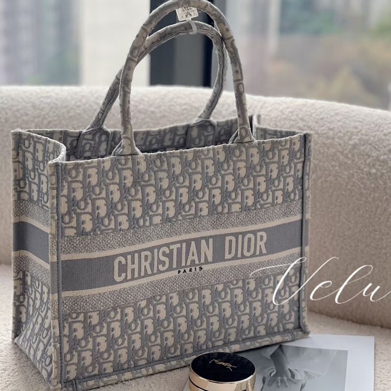Dior • 經典Book Tote 灰色刺繡托特 中號 有購證✔️-0
