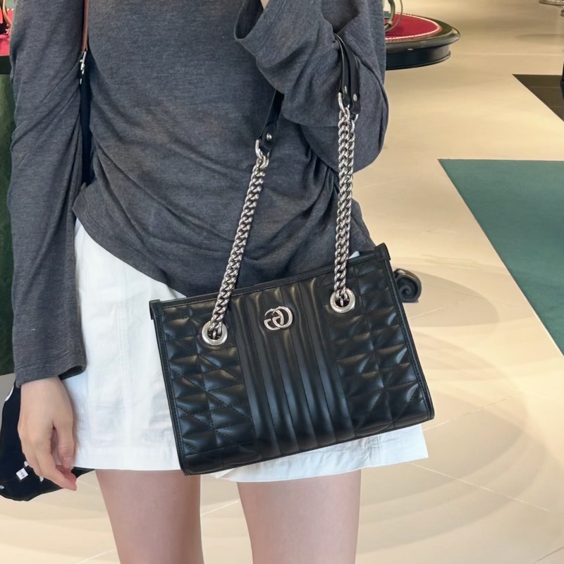 質感拉滿✨99新🆕Gucci古馳幾何系列黑色銀扣GG marmont鏈條全皮托特包單肩手提包-0