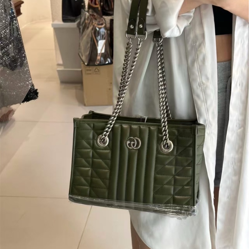 質感拉滿✨99新🆕Gucci古馳幾何系列黑色銀扣GG marmont鏈條全皮托特包單肩手提包-2