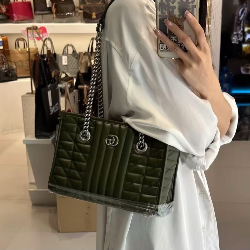 質感拉滿✨99新🆕Gucci古馳幾何系列黑色銀扣GG marmont鏈條全皮托特包單肩手提包-3