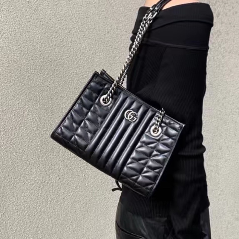 質感拉滿✨99新🆕Gucci古馳幾何系列黑色銀扣GG marmont鏈條全皮托特包單肩手提包-6