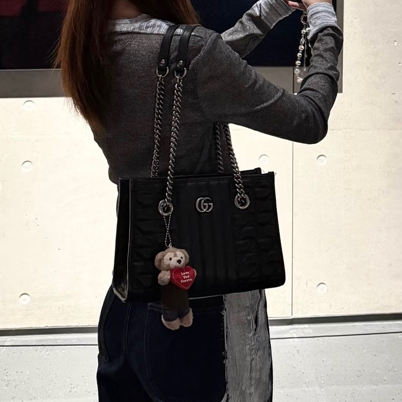 質感拉滿✨99新🆕Gucci古馳幾何系列黑色銀扣GG marmont鏈條全皮托特包單肩手提包-8