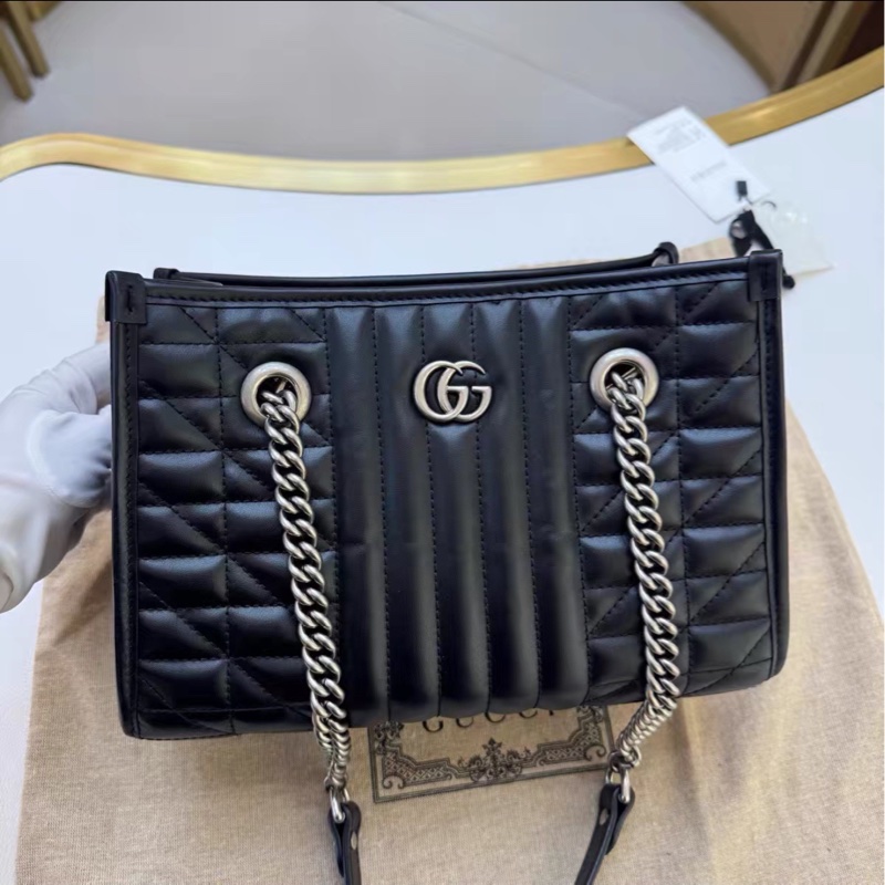 質感拉滿✨99新🆕Gucci古馳幾何系列黑色銀扣GG marmont鏈條全皮托特包單肩手提包-10