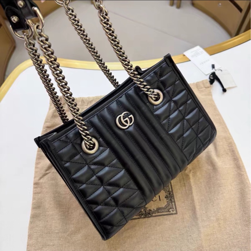 質感拉滿✨99新🆕Gucci古馳幾何系列黑色銀扣GG marmont鏈條全皮托特包單肩手提包-11