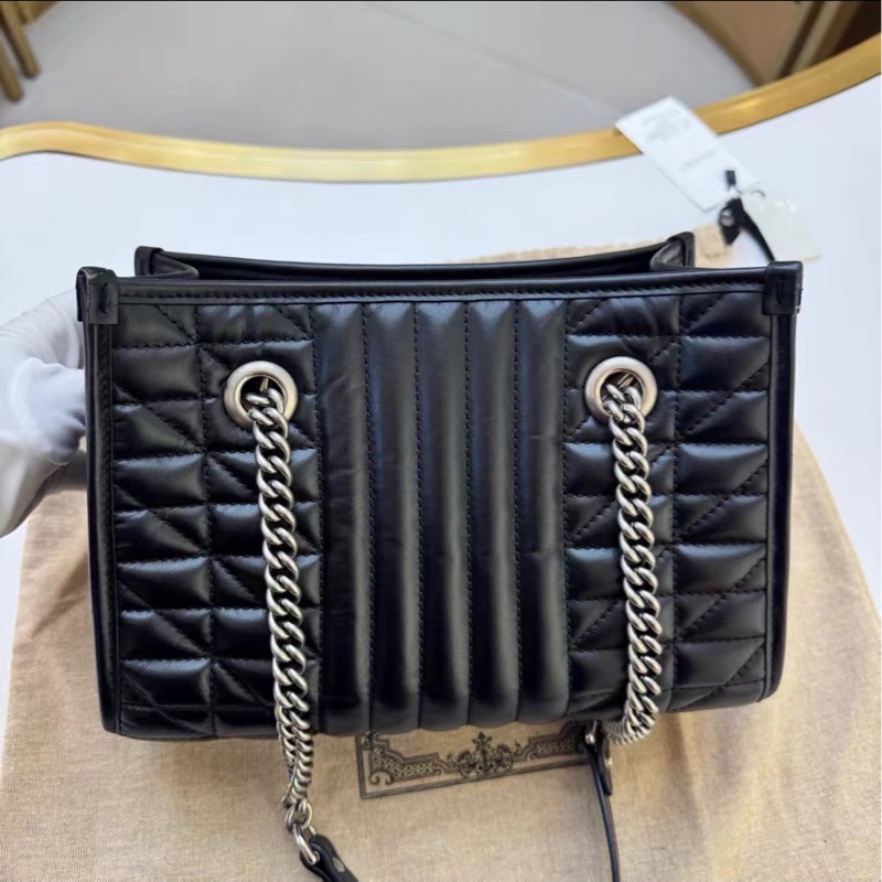 質感拉滿✨99新🆕Gucci古馳幾何系列黑色銀扣GG marmont鏈條全皮托特包單肩手提包-13