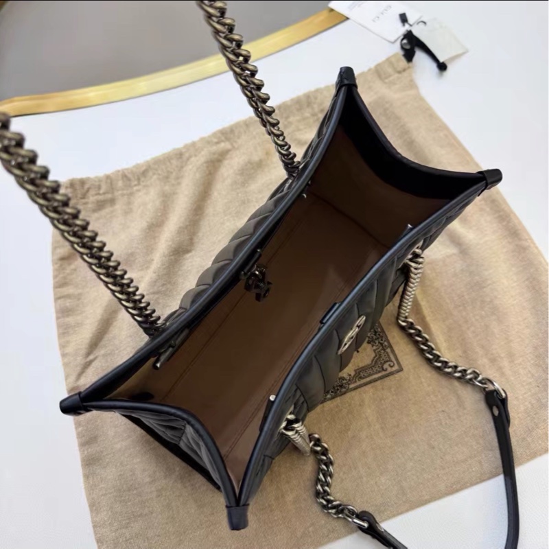 質感拉滿✨99新🆕Gucci古馳幾何系列黑色銀扣GG marmont鏈條全皮托特包單肩手提包-15