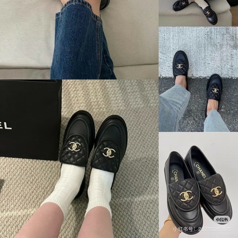 914intheair『全新』Chanel 香奈兒經典書包釦黑金樂福鞋 38