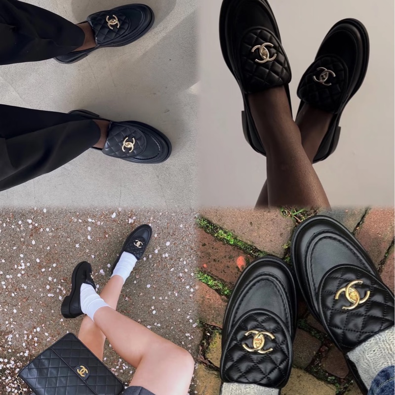 914intheair『全新』Chanel 香奈兒經典書包釦黑金樂福鞋 38-2