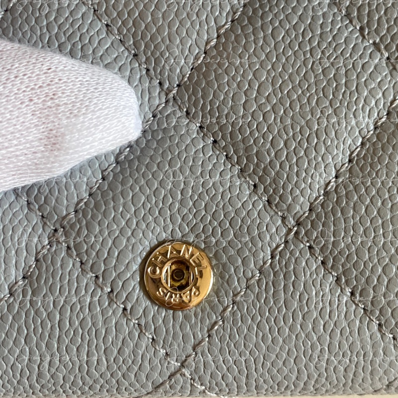 914intheair 『全新全配』Chanel 香奈兒 霧霾藍灰側拉鏈零錢袋三折迷你短夾-13