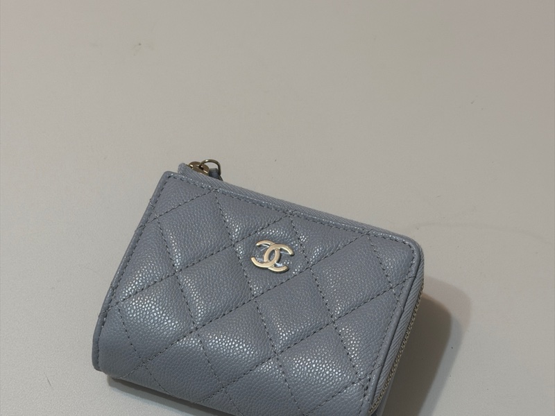 914intheair 『全新全配』Chanel 香奈兒 霧霾藍灰側拉鏈零錢袋三折迷你短夾-5