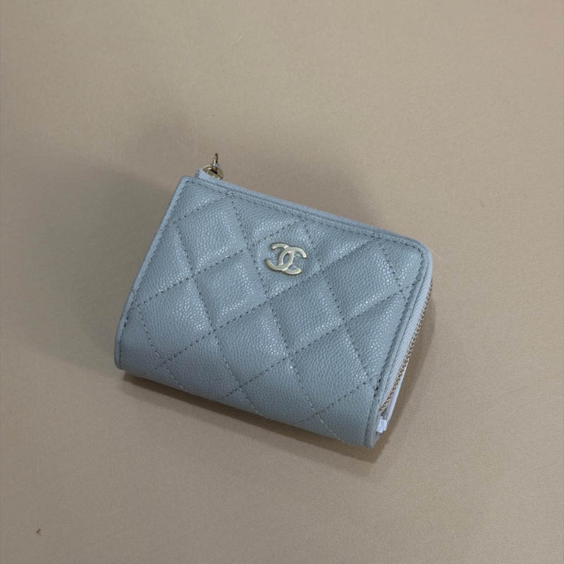 914intheair 『全新全配』Chanel 香奈兒 霧霾藍灰側拉鏈零錢袋三折迷你短夾-10