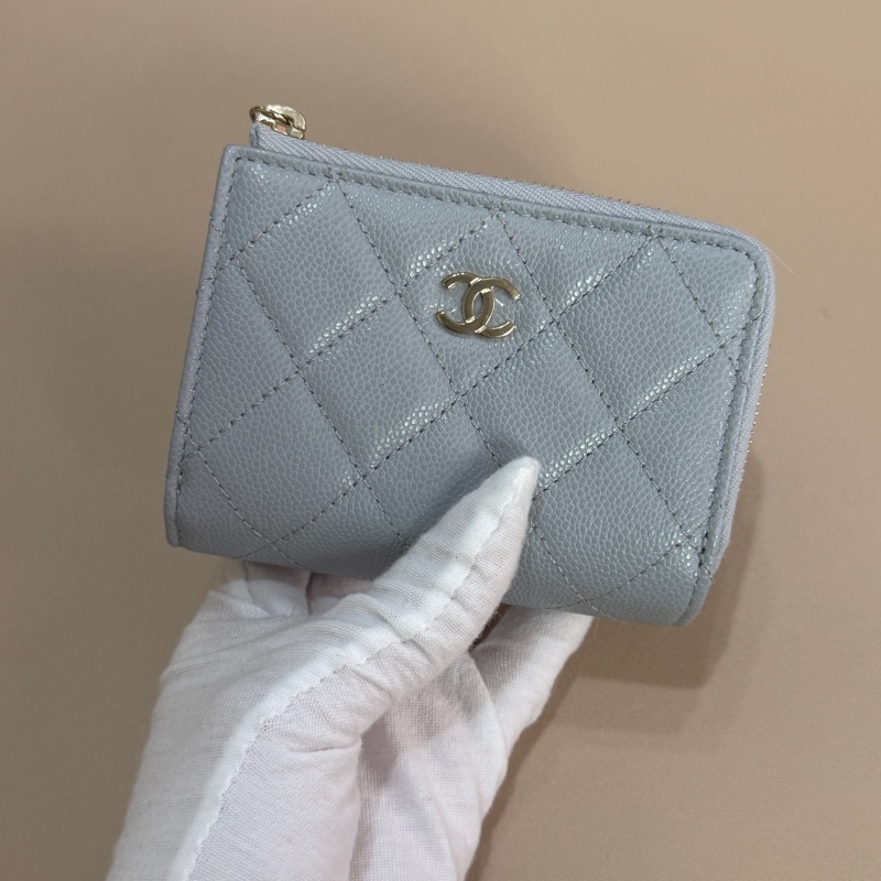 914intheair 『全新全配』Chanel 香奈兒 霧霾藍灰側拉鏈零錢袋三折迷你短夾-11