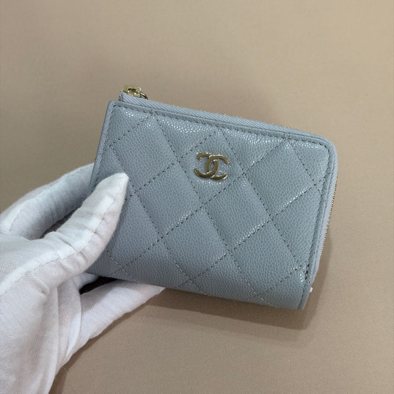 914intheair 『全新全配』Chanel 香奈兒 霧霾藍灰側拉鏈零錢袋三折迷你短夾-15