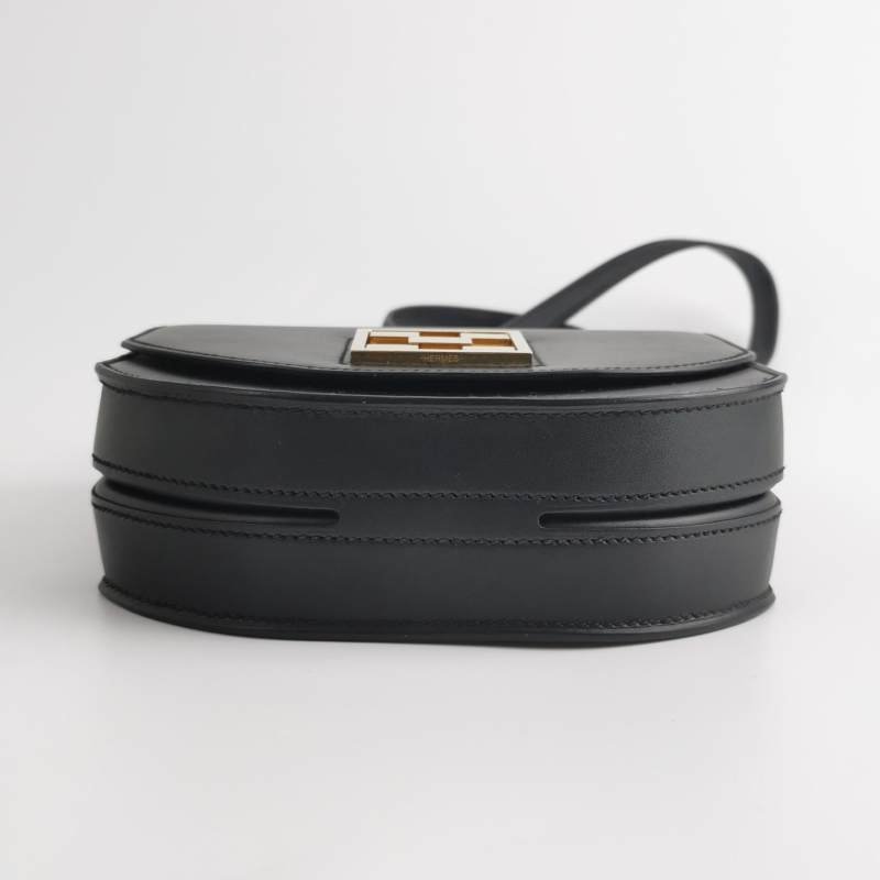 Hermes Mosaique馬賽克純色方形鎖扣馬鞍包斜挎包Tadelakt牛皮香檳金扣89黑色D刻-5