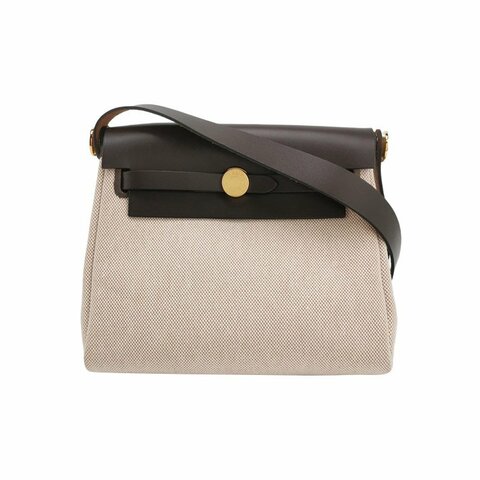 Hermes Herbag20馬鞍釘鎖扣斜挎包Hunter牛皮帆布金扣46烏木色米白色W刻