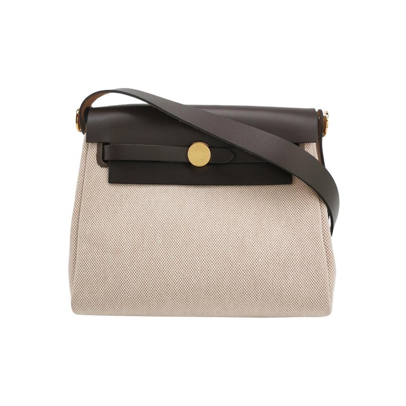 Hermes Herbag20馬鞍釘鎖扣斜挎包Hunter牛皮帆布金扣46烏木色米白色W刻-0