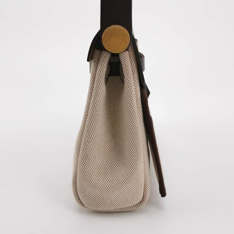 Hermes Herbag20馬鞍釘鎖扣斜挎包Hunter牛皮帆布金扣46烏木色米白色W刻-2