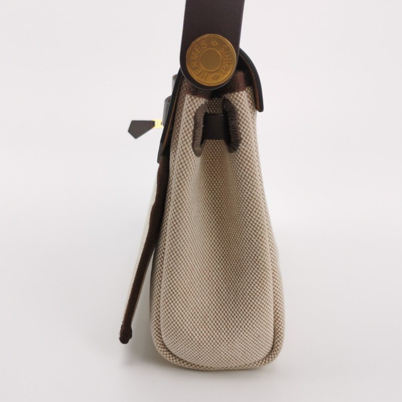 Hermes Herbag20馬鞍釘鎖扣斜挎包Hunter牛皮帆布金扣46烏木色米白色W刻-3