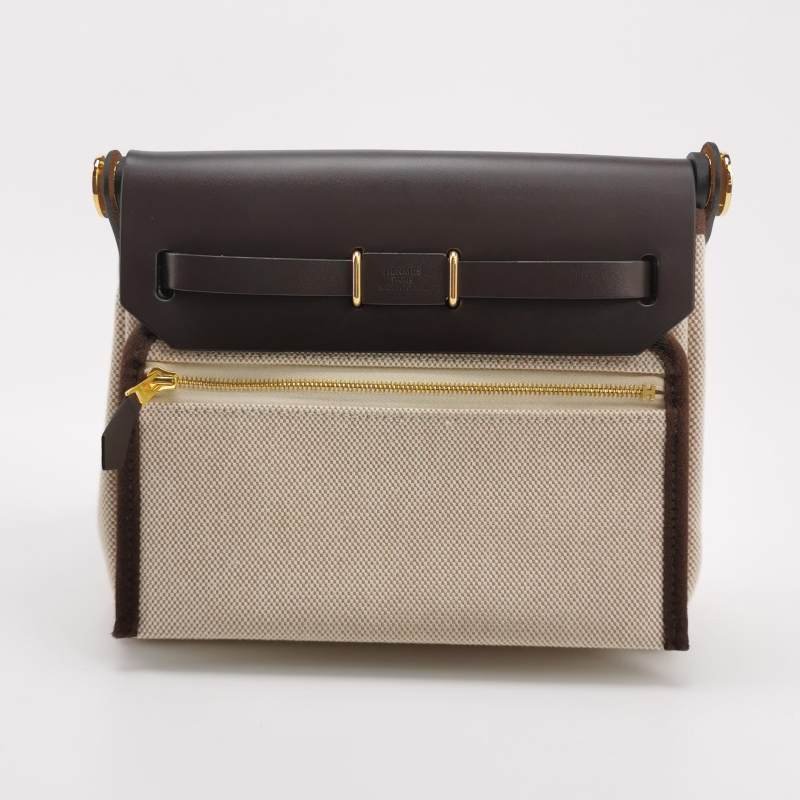 Hermes Herbag20馬鞍釘鎖扣斜挎包Hunter牛皮帆布金扣46烏木色米白色W刻-4