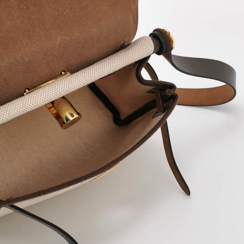 Hermes Herbag20馬鞍釘鎖扣斜挎包Hunter牛皮帆布金扣46烏木色米白色W刻-6