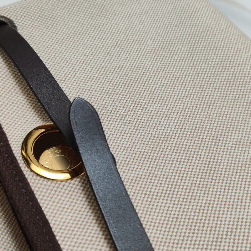 Hermes Herbag20馬鞍釘鎖扣斜挎包Hunter牛皮帆布金扣46烏木色米白色W刻-16
